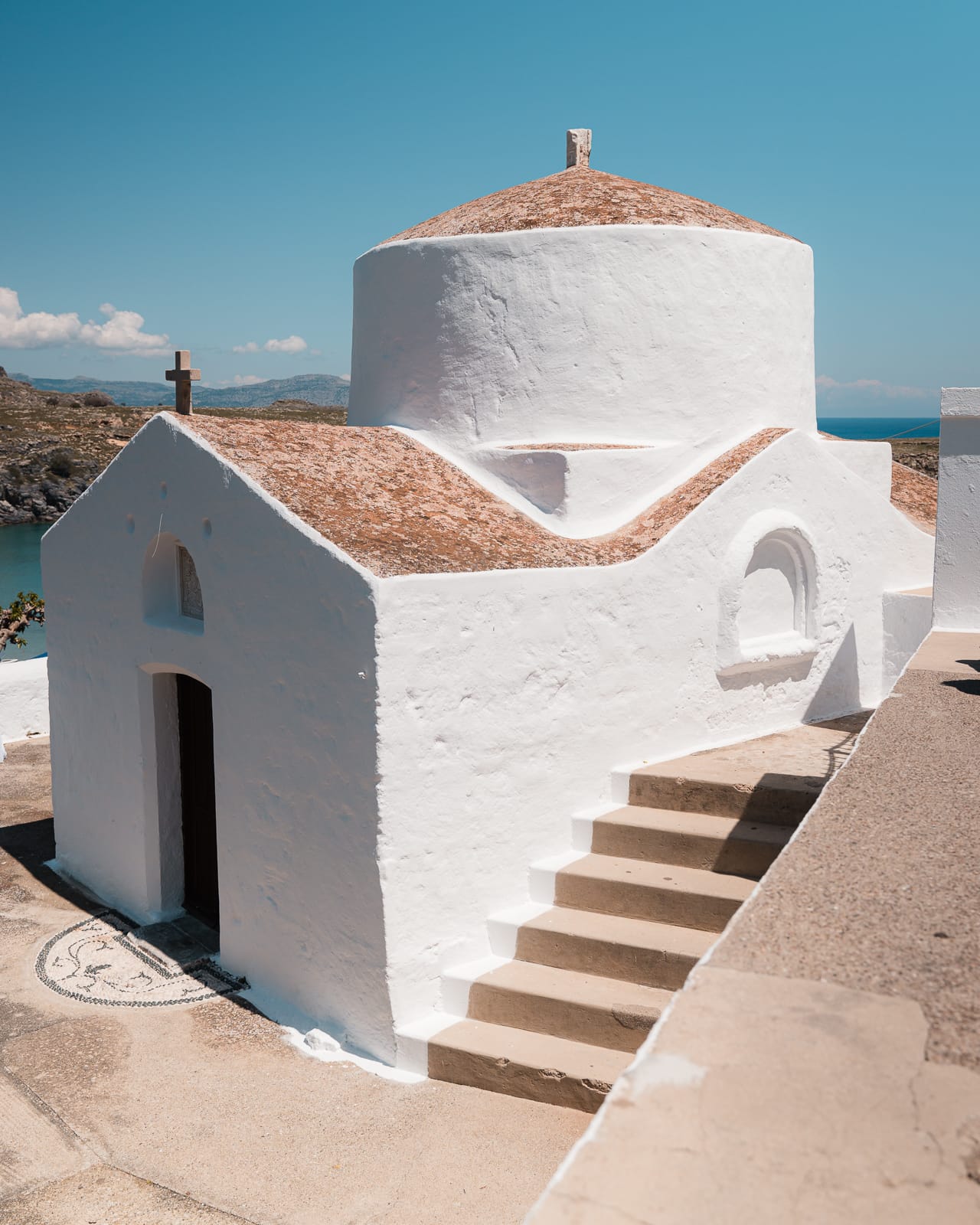 whitewashed church in lindos, rhodes