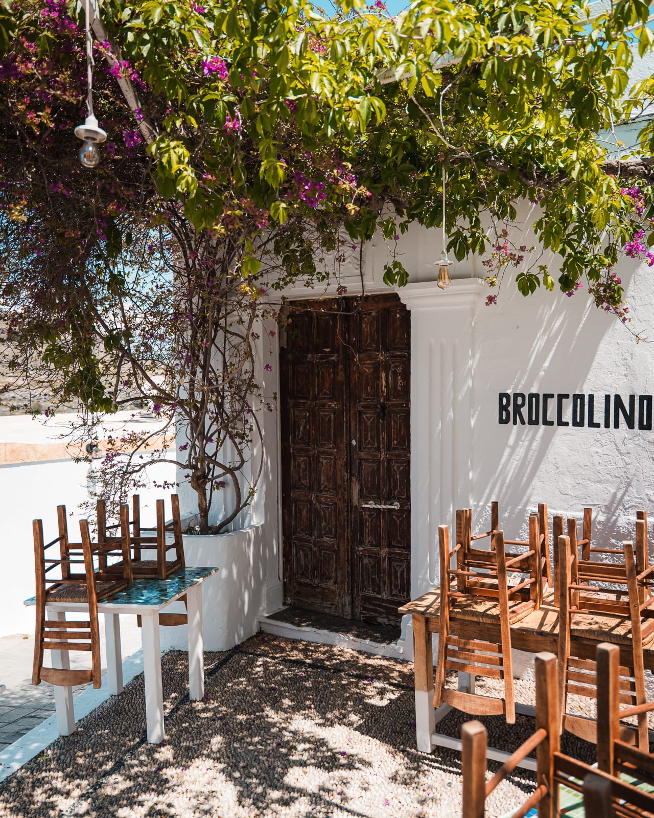 white cafe front with plants in lindos, greece