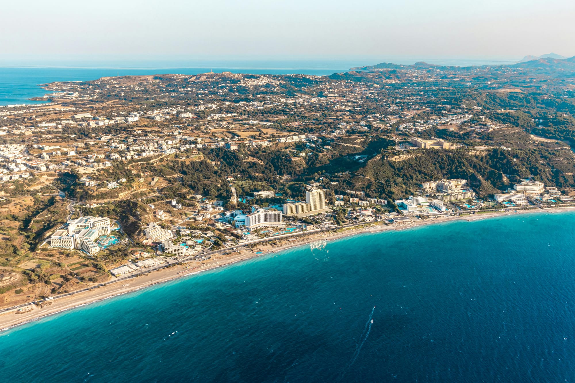 aerial view of rhodes beach, sea and land
