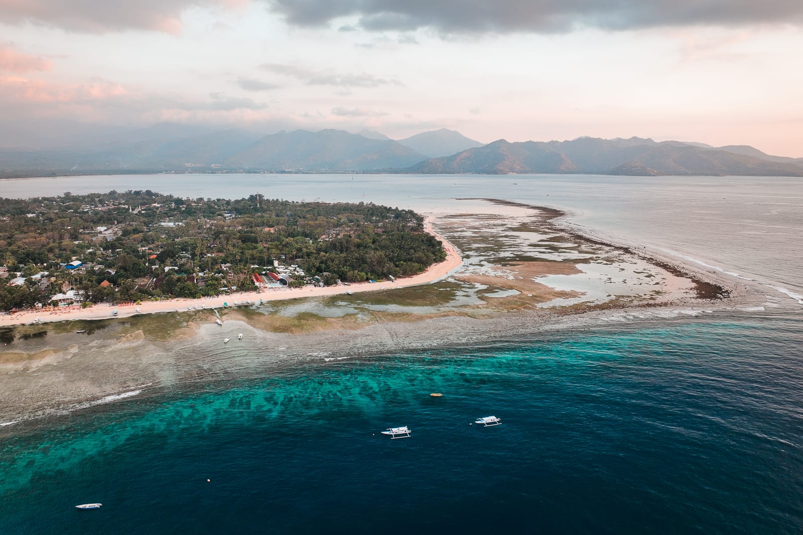 aerial view of Gili Air Island with mountains in background