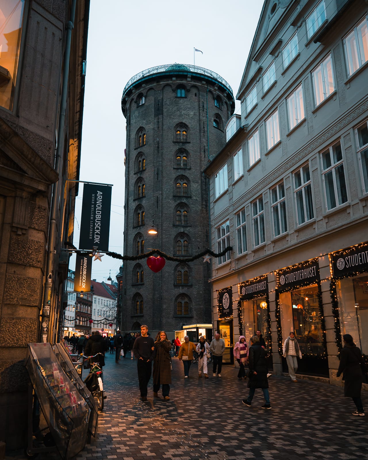 evening street view of Round Tower, Copenhagen