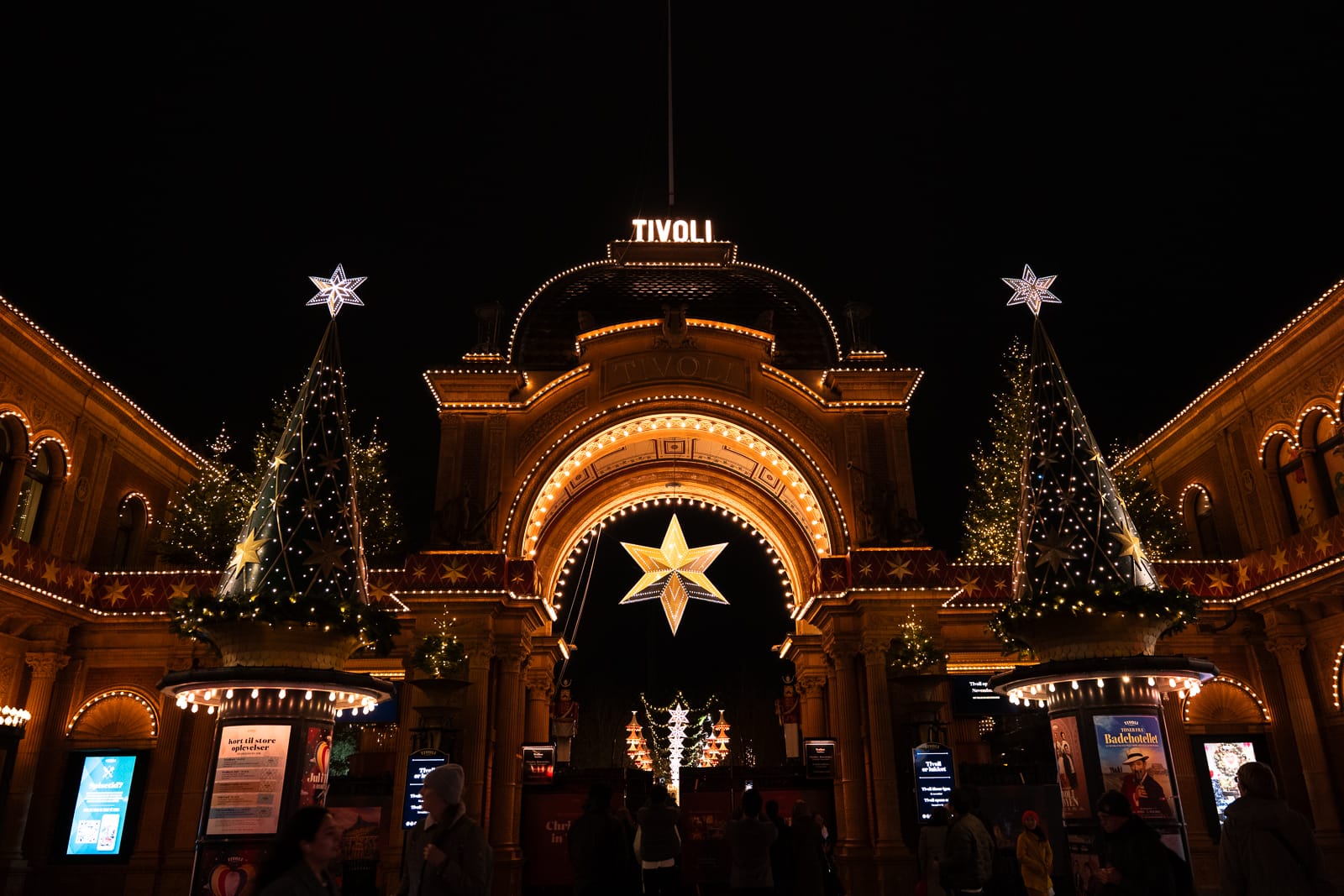 christmas trees and lights at entrance of Tivoli Gardens, Copenhagen