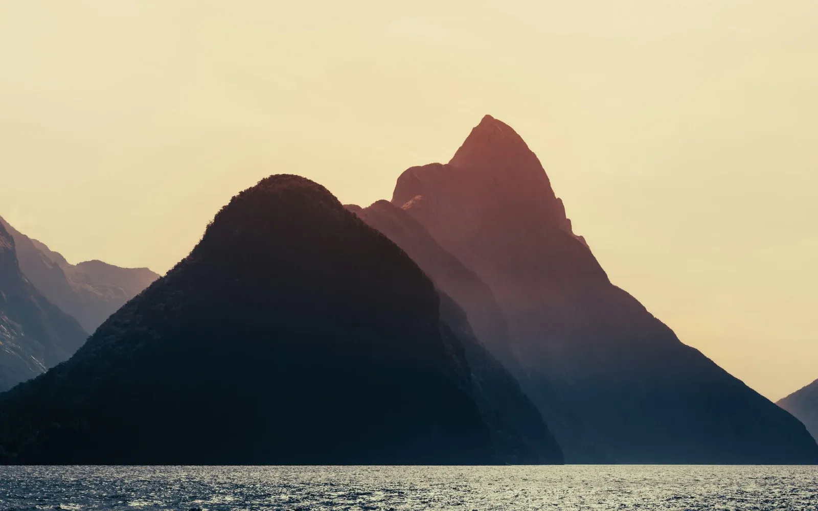 Panoramic view of Milford Sound from the waterfront, New Zealand